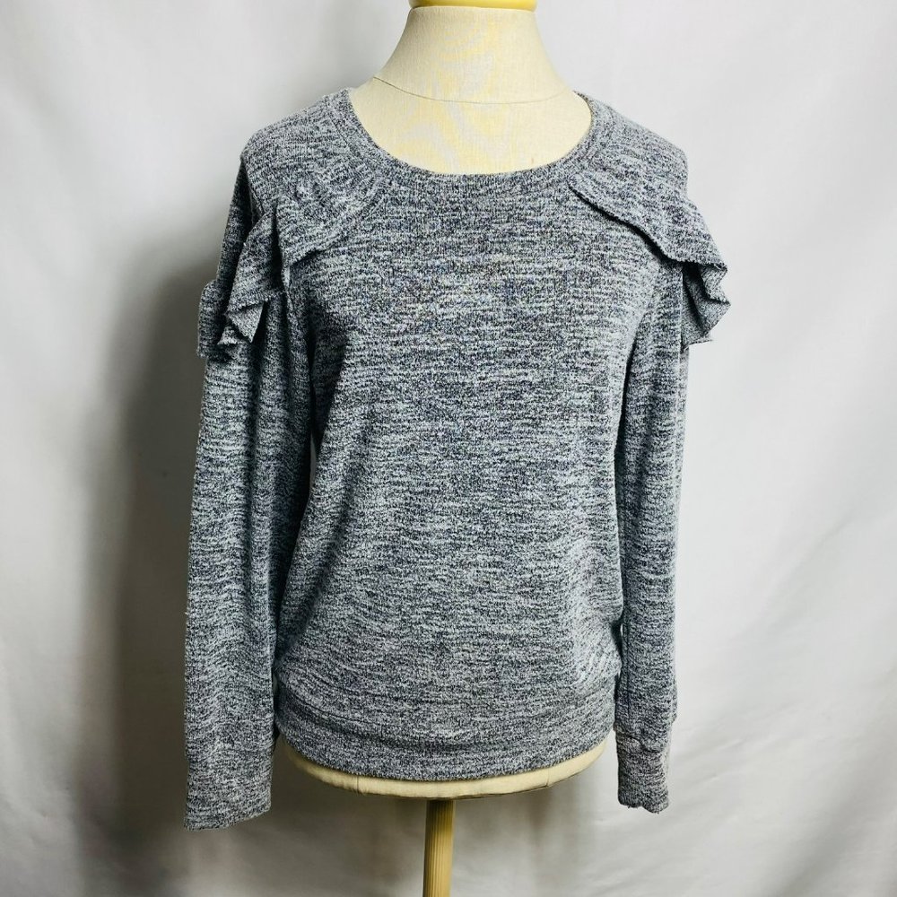 August mist women Ruffle Trim Round Neck Sweater size M gray Stretch